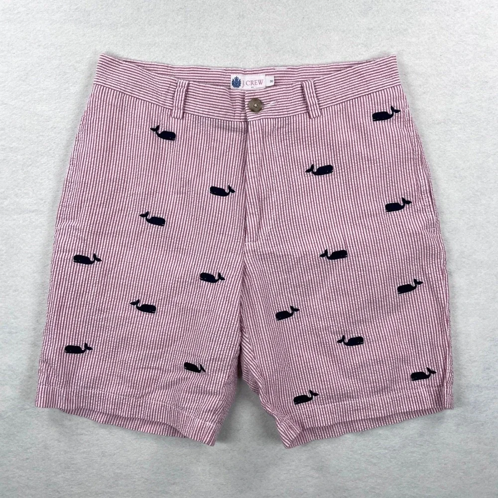J.Crew Mens Red White Seersucker Whale Embroidered Shorts Size 30 Preppy